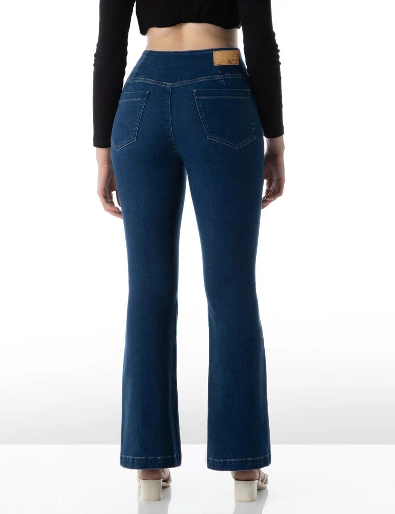 inkd Mid Blue Women's Flared Pull-on Jeans - Mid-Rise| Enzyme Wash | Slant Waistband | Jeans for Women for Women | Best Price UAE